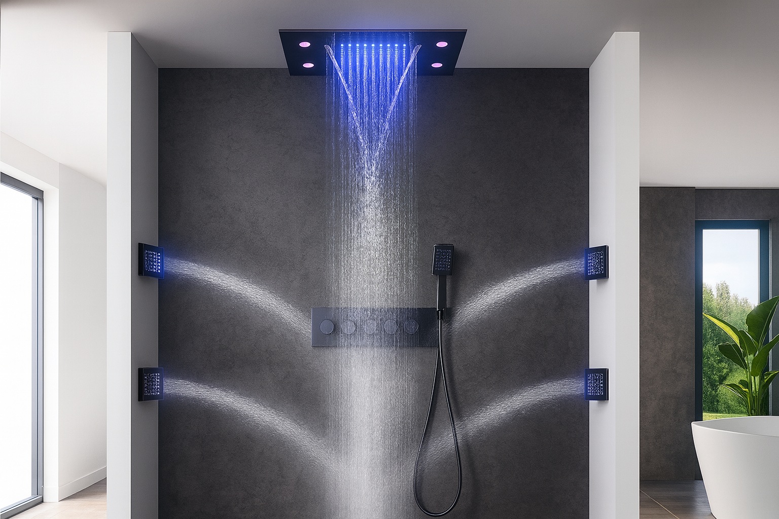 BathSelect rainfall and waterfall shower head and ceiling panel options